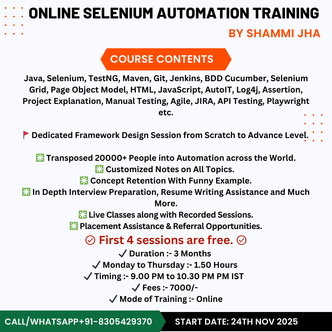 jobformore's tweet image. Online Selenium Automation Training by Shammi Jha 

Start Date :- 24th November 2025

Click here to contact WhatsApp:-  wa.link/sdo1cl

Phone / WhatsApp Details :-
Shammi Jha :- +91-8305429370