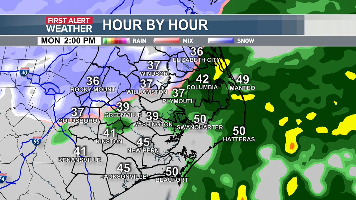 Getting a lot of timing questions so here's what radar could look like at 2 PM. Most are still fine but the transition from rain to snow has started for others. Even with above freezing temperatures, a heavy burst of snow can stick to elevated surfaces or bridges.  #ncwx