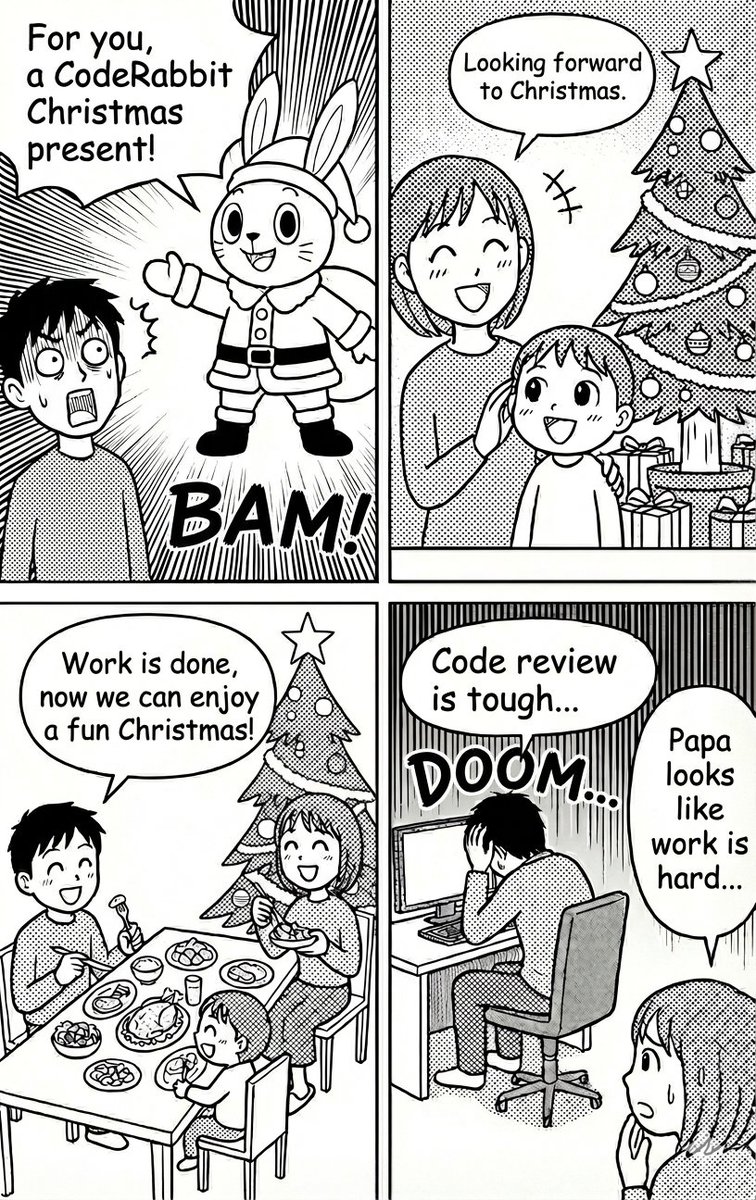 goofmint's tweet image. Nano Banana Pro製の #CodeRabbit 4コママンガ

英語版もさくっと作れるのが素晴らしい