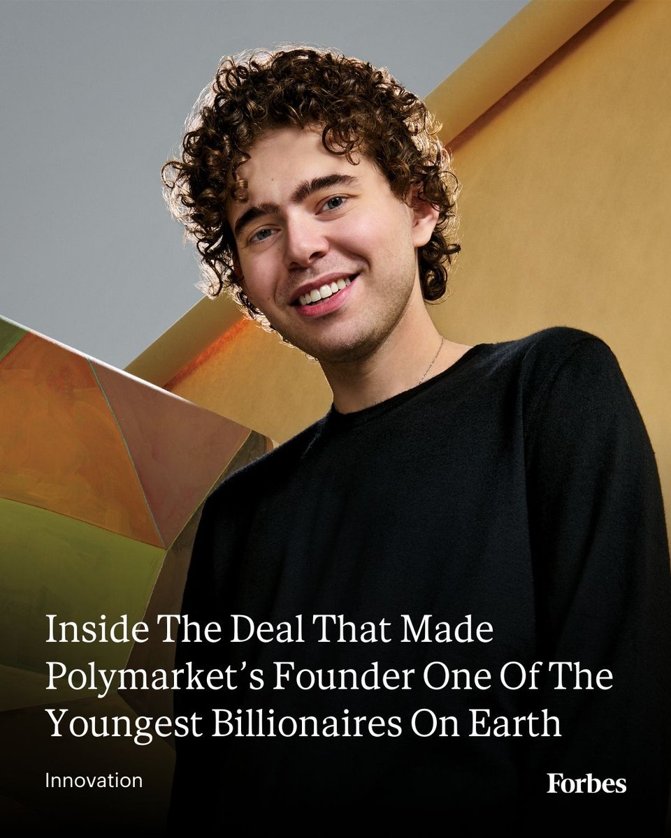 Forbes's tweet image. Prediction markets like Polymarket let thousands of ordinary people bet on future events—the unemployment rate, say, or when BitCoin will hit an all-time high. 

Polymarket’s valuation quickly shot to $9 billion, making founder Shayne Coplan the world’s youngest self-made