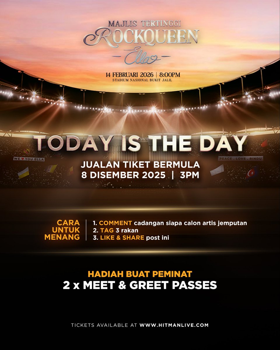 EllaAminuddin's tweet photo. Tiket ke Majlis Tertinggi Rockqueen Ella boleh anda dapatkan (hari ini jam 3 ptg)…

Siapa calon artis jemputan yang anda  ingin lihat sepentas bersama Ella nanti?

Tuliskan nama mereka di ruangan komen, serta tag 3 rakan anda.

2 pas ‘Meet &amp; Greet’ khas buat yang bertuah. https://t.co/8nIb5SWYRb