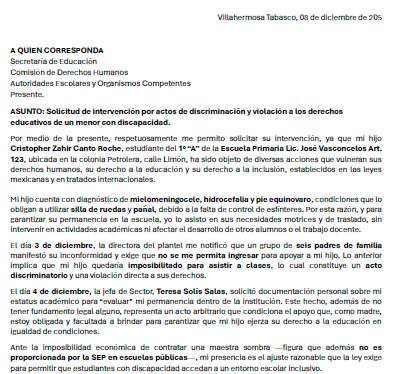 chuycito003's tweet photo. Están discriminando a menor con #discapacidad en escuela publica de #Villahermosa #Tabasco. @SEP_mx @TabascoHOY @Claudiashein @GobiernoMX @xevtfm @DiarioPresente @ONUMX @RPDiscapacidad @CorteIDH https://t.co/uszwenjE5E