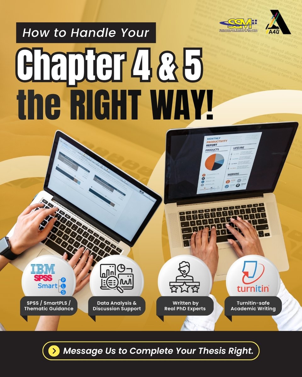 assignment4u_'s tweet photo. By the time you reach Chapter 4, it’s no longer about writing fast.  It’s about making your DATA make sense.  

Where most students get stuck 👇  
📉 Don’t know how to interpret results  
🧠 Findings don’t match research questions  
📎 Chapter 4 & 5 not linked properly  
🤯 Not confident to defend in VIVA  

Truth?  
Chapter 4 & 5 isn’t about writing more; it’s about writing the DATA right.  

That’s where A4U comes in ✅  
✔ SPSS / SmartPLS / Thematic Analysis  
✔ Written by real PhD Experts  
✔ Proper academic language + Turnitin-safe  
✔ PhD-level data & discussion  

Don’t let the last two chapters destroy your thesis.  
📩 DM us & let’s finish it the right way.  

#ThesisLife #FinalYearProject #FYP #Chapter4 #Chapter5 #VIVA #MalaysiaStudents #PostgradLife #SPSS #SmartPLS #ResearchLife