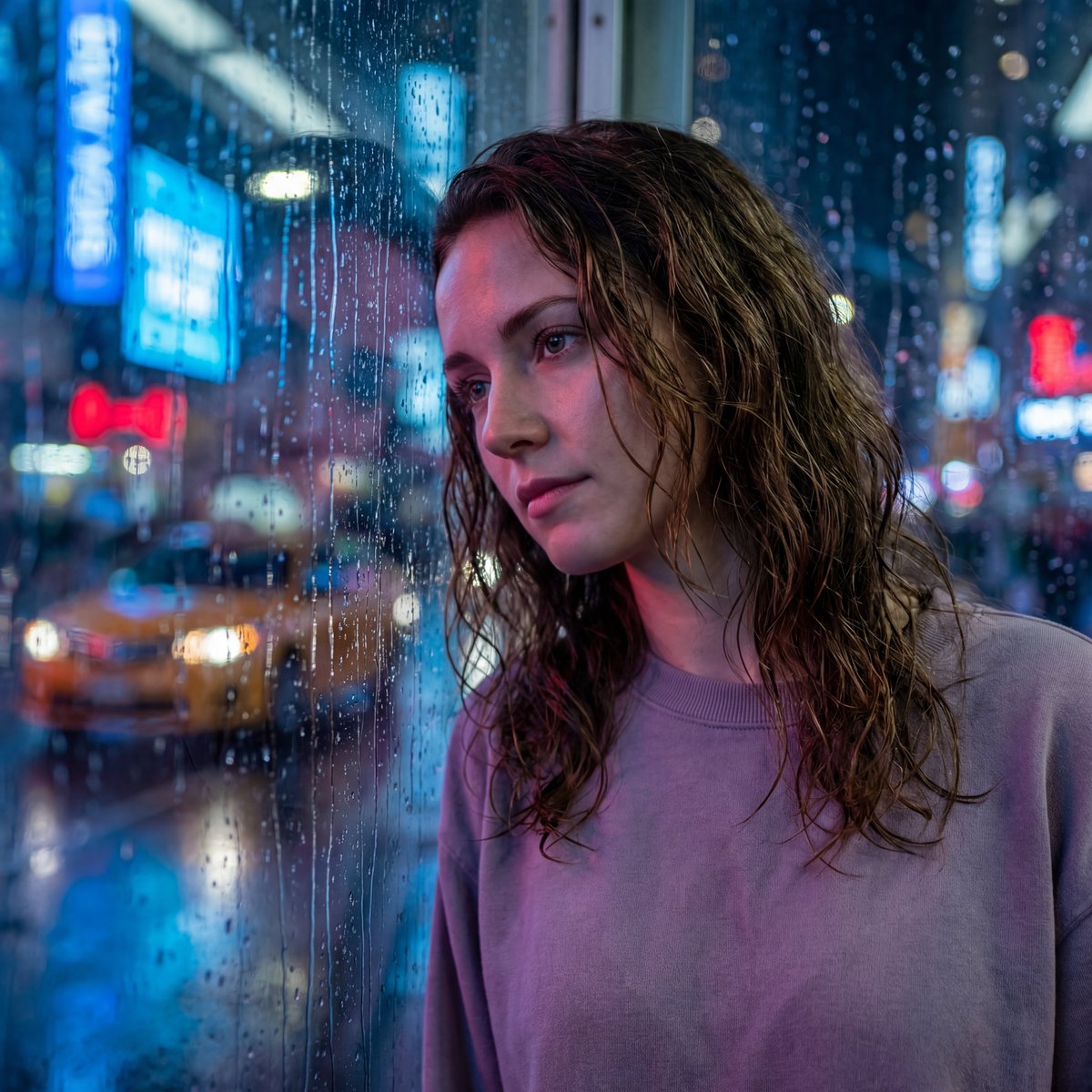 City Dreams: Neon Reflections Through Rain