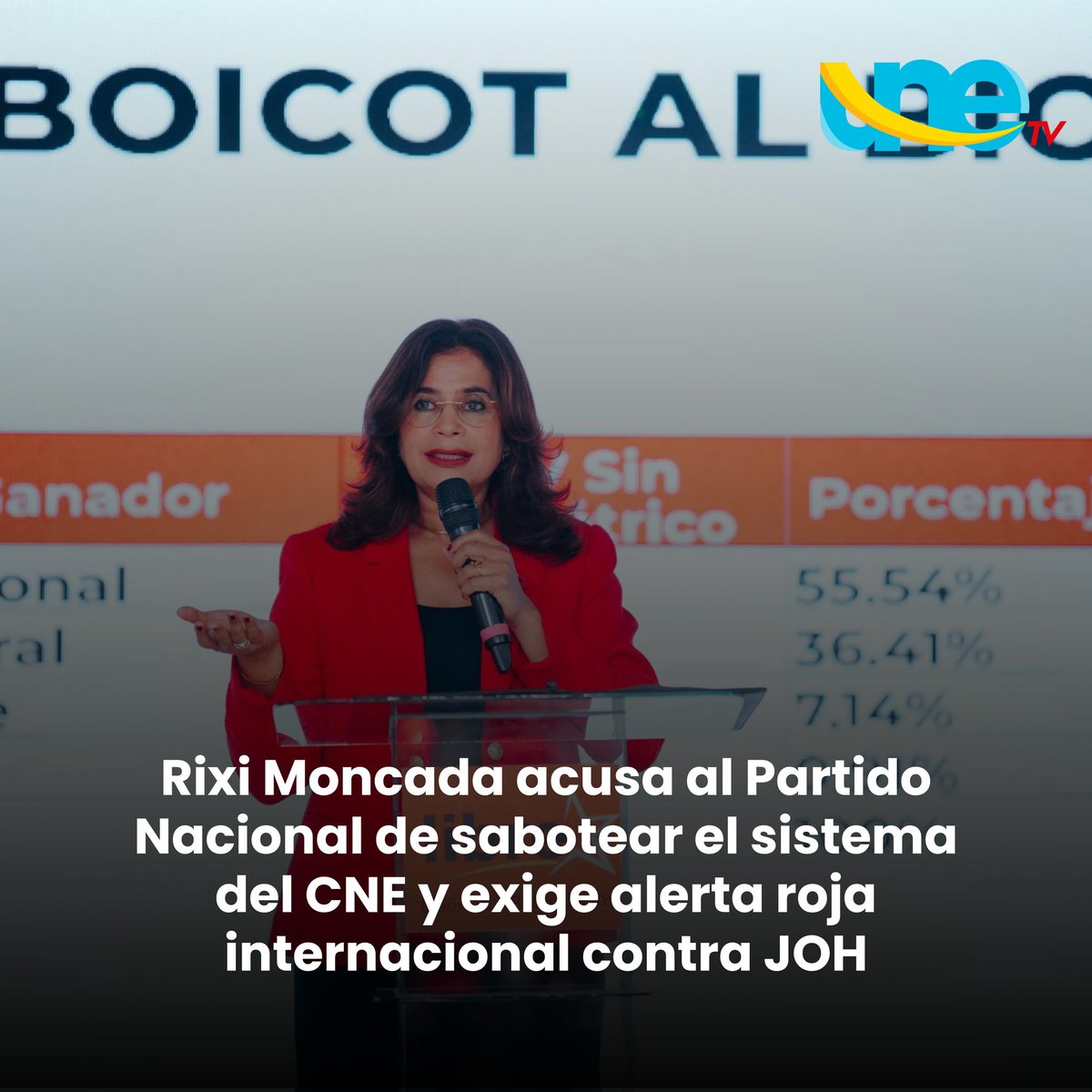 unetv_hn's tweet photo. #ÚltimaHora | La candidata presidencial de Libre Rixi Moncada acusó al Partido Nacional de haber saboteado el sistema informático del CNE, al tiempo que condenó el indulto al narcoterrorista de Juan Orlando Hernández y por lo que pidió a Interpol emitir alerta roja contra el exjefe del Ejecutivo nacionalista para que sea detenido por los delitos cometidos.