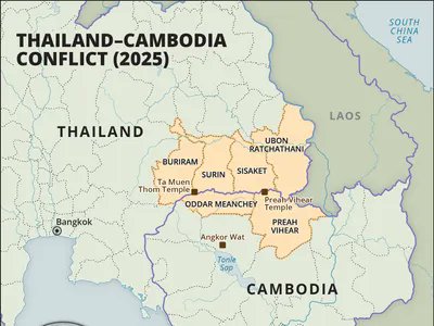 Marchfoward's tweet photo. Tentera Thailand meningkatkan kesiapsiagaan di 4 negeri bersempadan dengan Kemboja dan mengarahkan orang awam berpindah keluar dari sana 

Pertempuran berlaku di Negeri Sisaket dan Thailand menyatakan Tentera Kemboja melepaskan tembakan dahulu 

Kementerian Pertahanan Thailand memaklumkan 2 anggota Tentera Thailand cedera dalam pertempuran di Daerah Kantharalak. Dua anggota itu ialah Sarjan Anuchat Rueankham ditembak di kaki dan Prebet Phonchai Champajum terkena sakit dada selepas beberapa peluru mengena baju kalis pelurunya 

Kedua duanya dihantar ke Hospital Kantharalak dan mereka berdua disahkan stabil 

Kereta Kebal Kemboja bersama kenderaan perisai dilaporkan meningkatkan pergerakan mereka di sekitar sempadan berkenaan 

Media Thailand, Tan Krasae melaporkan Tentera Kemboja melepaskan tembakan pelancar bom tangan ke arah kedudukan Tentera Thailand