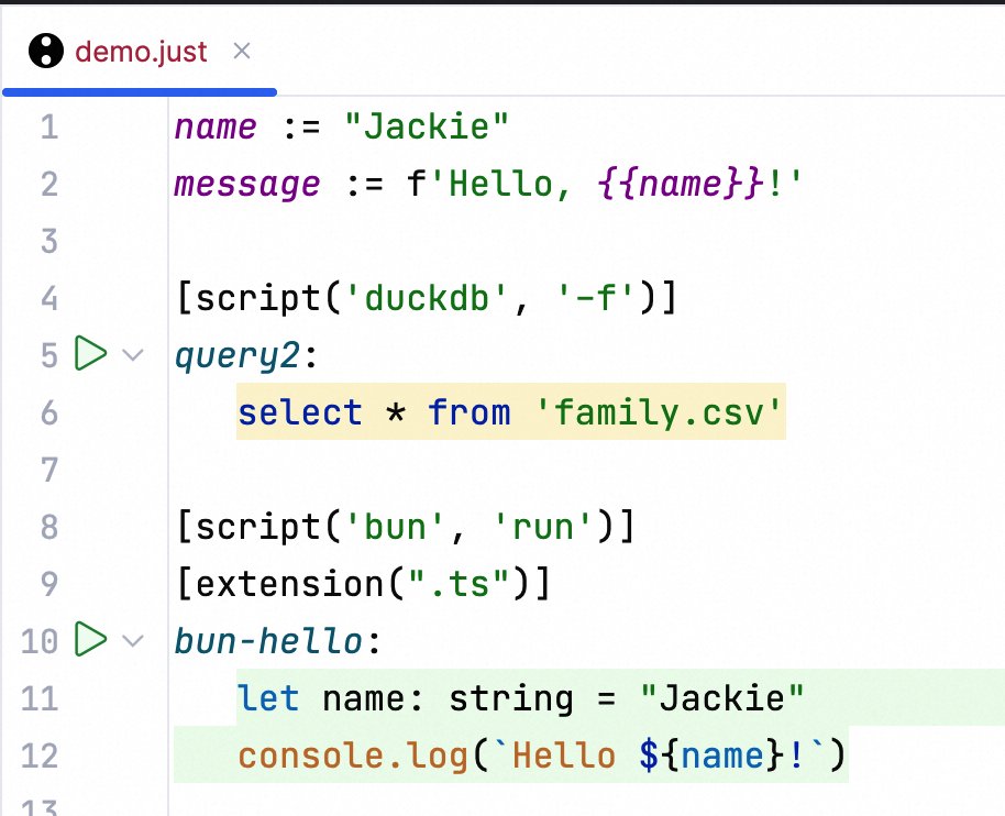 linux_china's tweet image. JetBrains Just plugin updated:  fix script with params,  Language injection enhancement for Bash/TS/SQL, format strings support         plugins.jetbrains.com/plugin/18658-j…