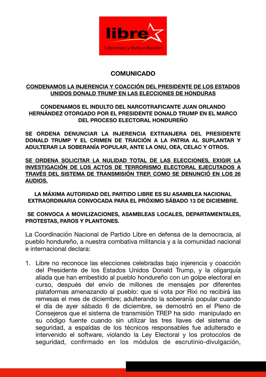 RixiPresidenta's tweet photo. La Coordinación Nacional de Partido LIBRE en defensa de la democracia, al pueblo hondureño, a nuestra combativa militancia y a la comunidad nacional e internacional declara: https://t.co/IaZAAJV2D6