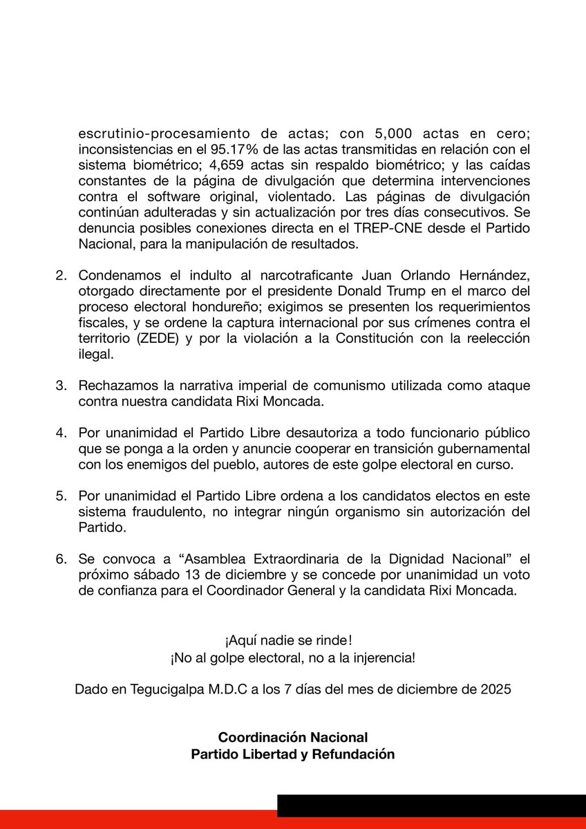 La Coordinación Nacional de Partido LIBRE en defensa de la democracia, al pueblo hondureño, a nuestra combativa militancia y a la comunidad nacional e internacional declara: