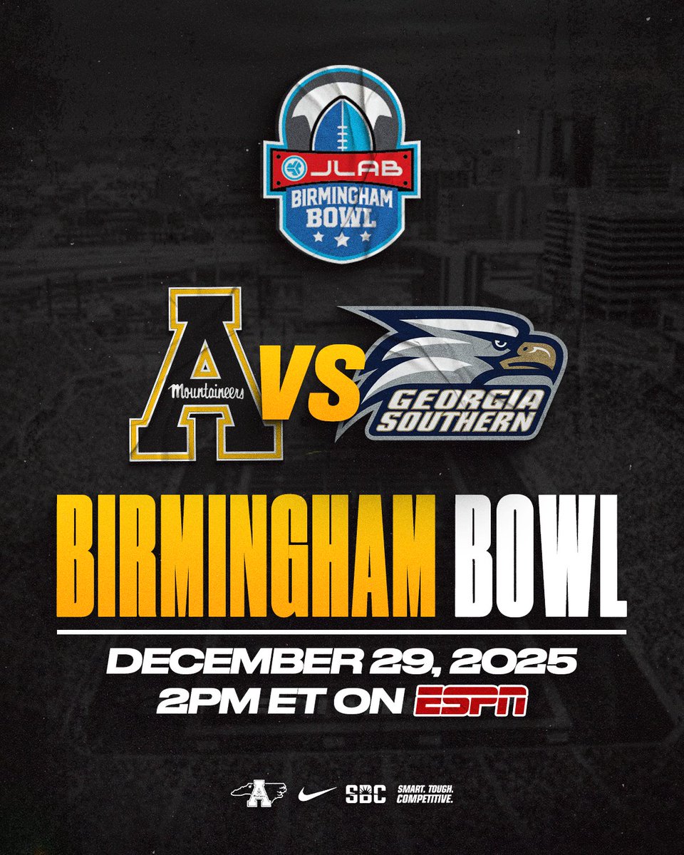AppState_FB's tweet image. 𝐑𝐞𝐚𝐝𝐲 𝐓𝐨 𝐏𝐥𝐚𝐲

App State has accepted an invitation to play rival Georgia Southern in the JLab Birmingham Bowl on Dec. 29. Kickoff is 2 p.m. ET on ESPN.

#AppNation, stay tuned for details on tickets and fan experience opportunities.

📰 goapp.st/BhamBowl

#GoApp