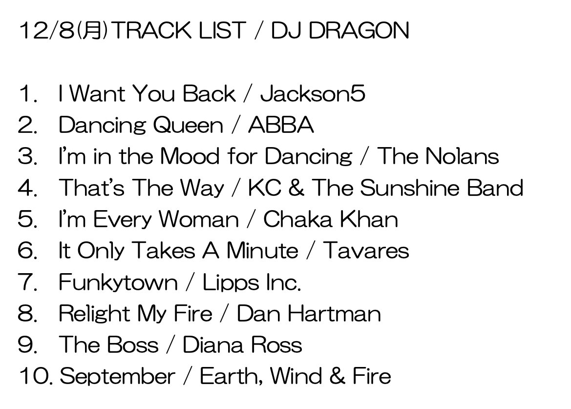 stepone813's tweet image. 【MUSIC BOOSTER】
#DJDRAGON さんによるMIX🎧

今日のテーマは、
『週のスタート！黄金のディスコ・サウンド
　DJ Dragon“Back to The 70s” Mix!!』

プレイリストは、
番組WEBサイトでも公開中！

もう一度聴くには→ radiko.jp/share/?sid=FMJ…

#jwave #stepone813 #radiko