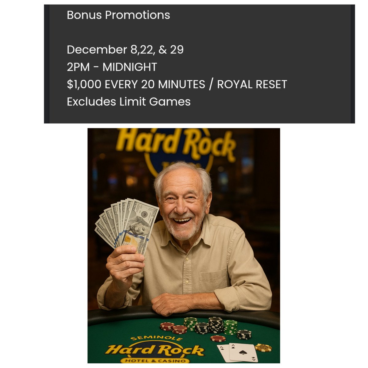 PROMO ALERT 
Tampa Hard Rock Poker Room.
2 PM Monday December 8,
$1,000 every 20 minutes.