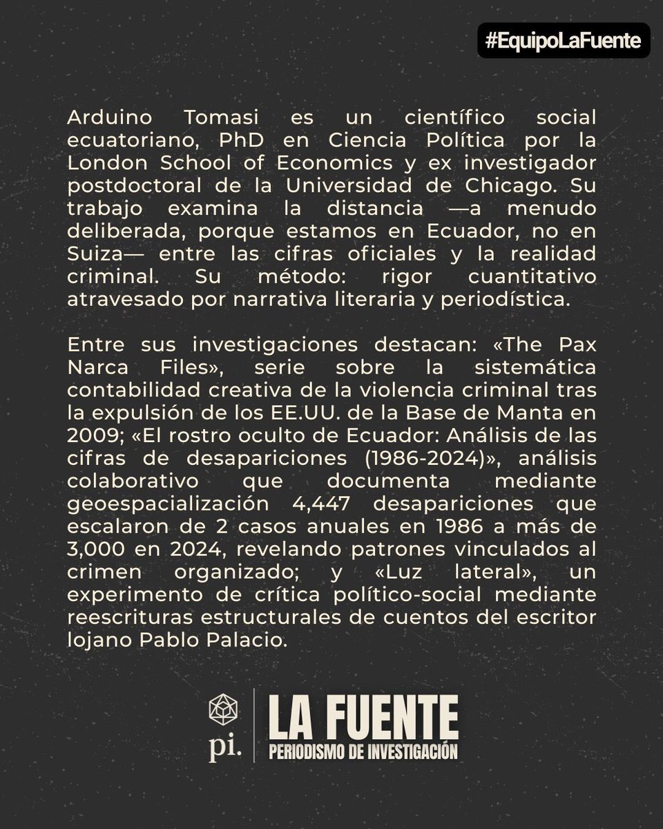 Pinvestigacion3's tweet image. Nos complace anunciar que Arduino Tomasi (@ArduinoTomasi2) se incorpora al #EquipoLAFUENTE

Prepárense: Caso Gabela, tráfico de niños y otras atrocidades, narradas con ese estilo ácido y sardónico que vuelve a la verdad algo casi imposible de digerir.

#SomosLAFUENTE…