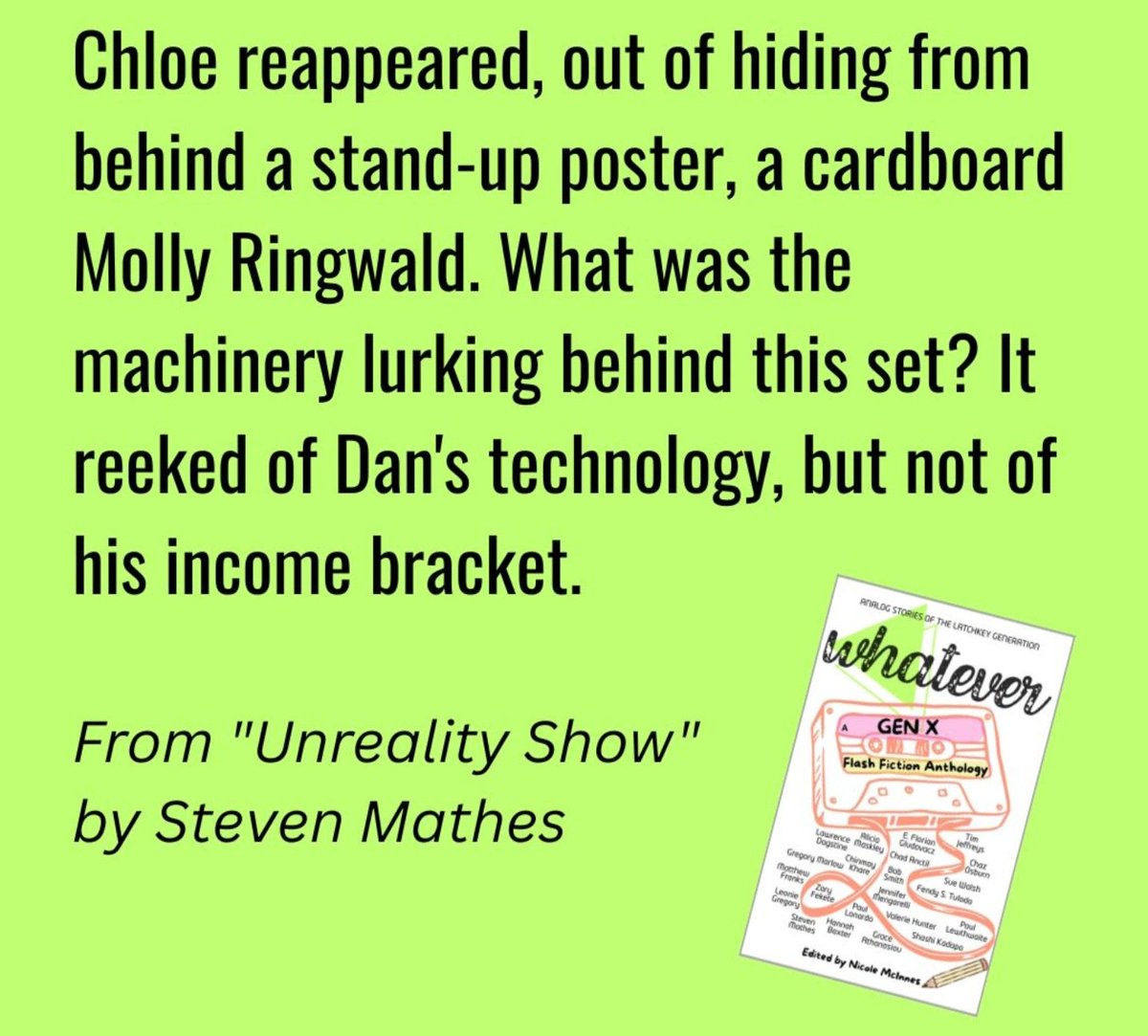 "Unreality Show" by Steven Mathes is the perfect read for fans of speculative fiction &amp; movies like The Running Man
Read it and other Gen X-themed stories in WHATEVER: A Gen X Flash Fiction Anthology!

Available here (link also in bio): a.co/d/64aSXFb
#genx