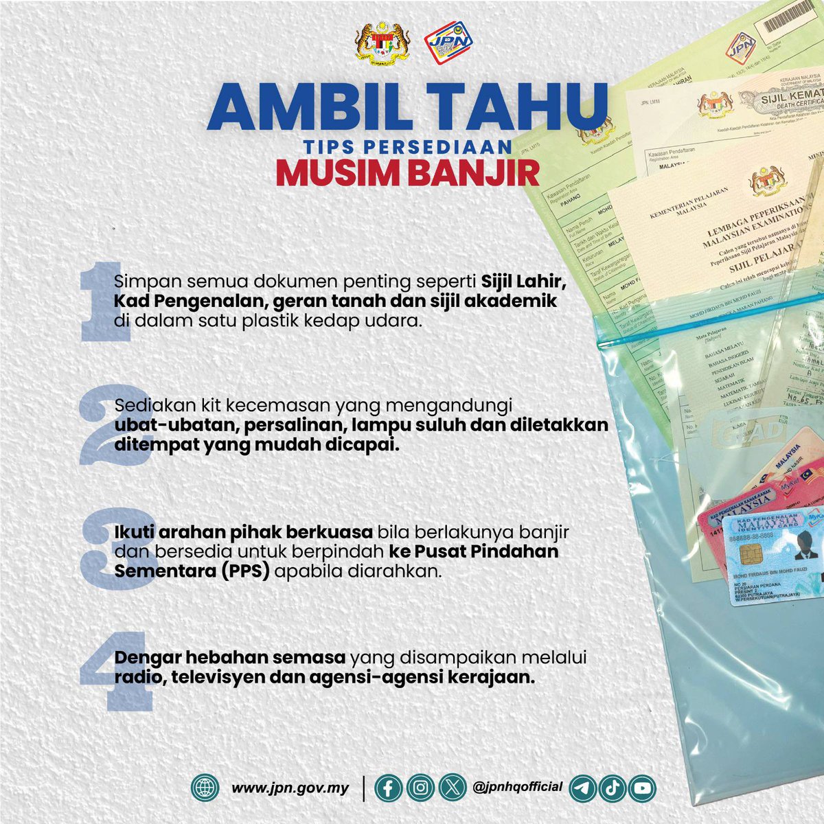 jpnn9official's tweet photo. Musim banjir dah tiba. Kalau berlaku kerosakan atau kehilangan akibat bencana, gantian boleh dibuat di JPN tanpa dikenakan denda. Untuk urusan gantian, anda boleh hadir ke pejabat JPN

#RakyatDiHatiJPN
#JPNDiManaMana
#MalaysiaMADANI https://t.co/YelvHOJFrb