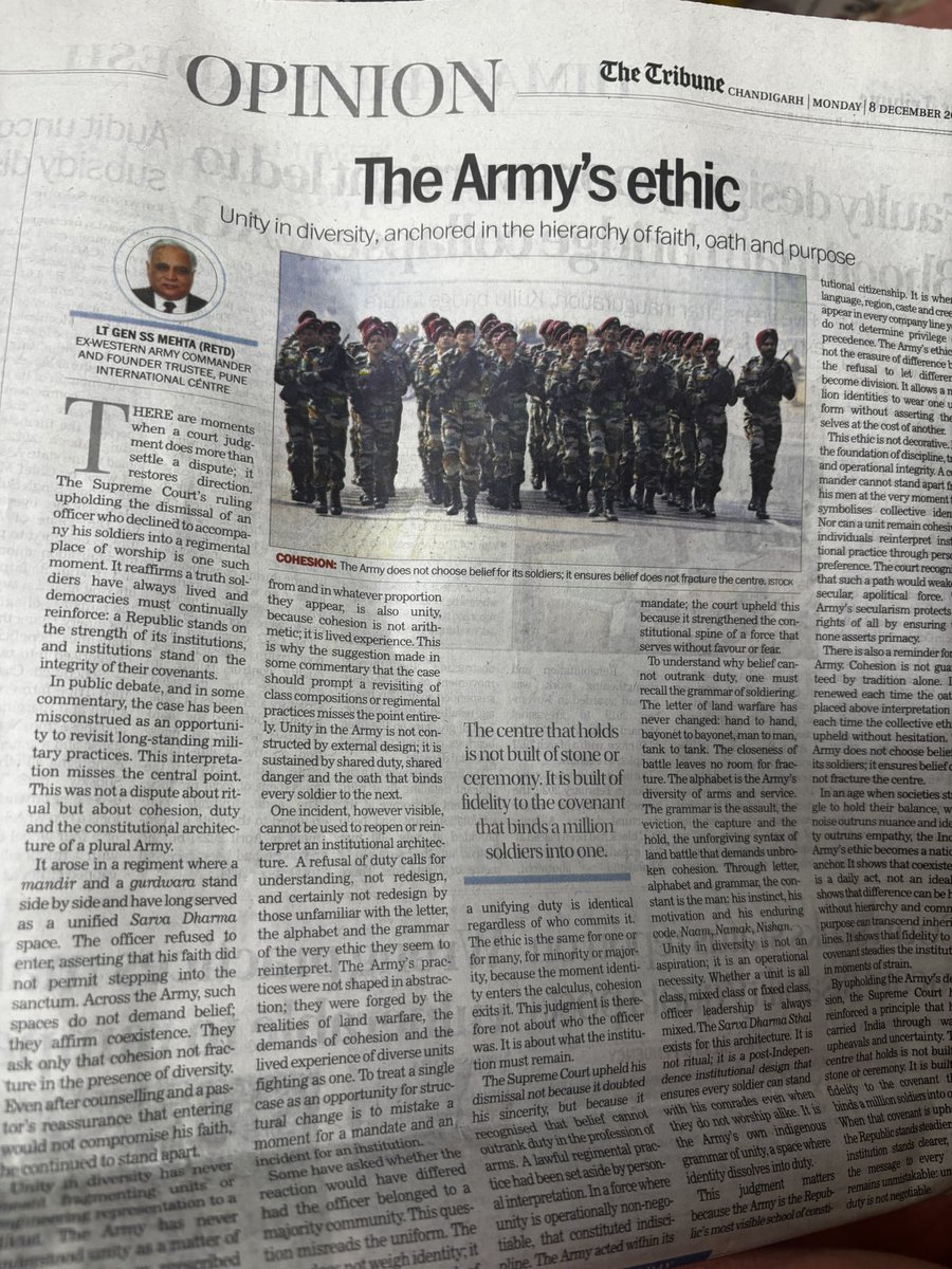I have lot of respect for Lt Gen Shammi Mehta and consider him one of our finest military minds.
But I am surprised he does not see that the Army’s ethic is under threat from within. The in-your-face pandering to majority religion (Hindu) by Generals will have a trickle down