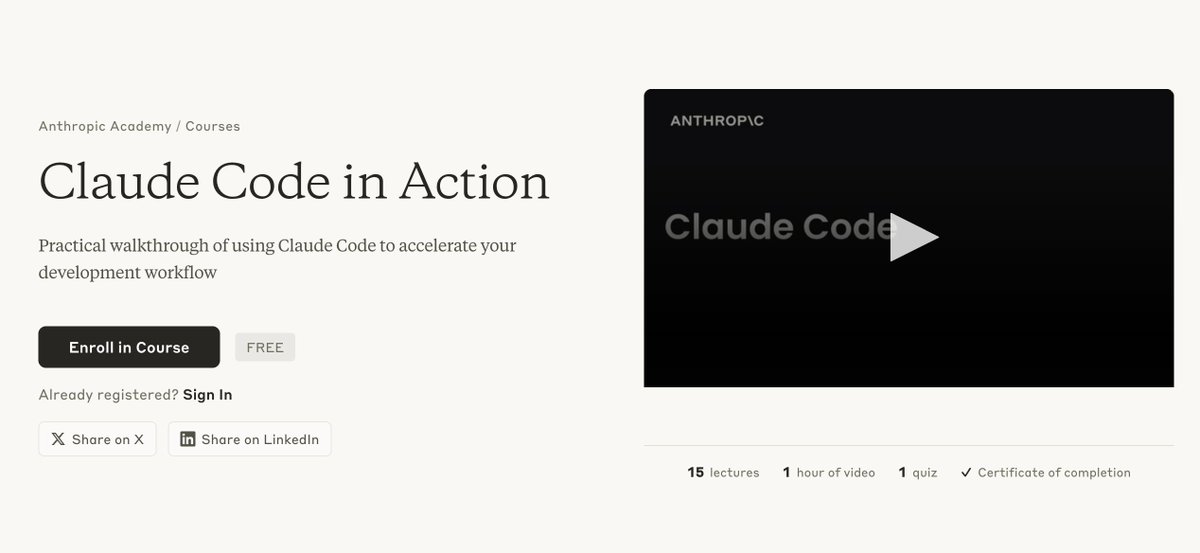 charliesbot's tweet image. Claude tiene un minu curso gratuito acerca de Claude Code, enfocado a sacarle jugo a cada feature que ofrece esta herramienta

Es GRATIS

Y... tiene certificación! De esas que si valen la pena :p

anthropic.skilljar.com/claude-code-in…