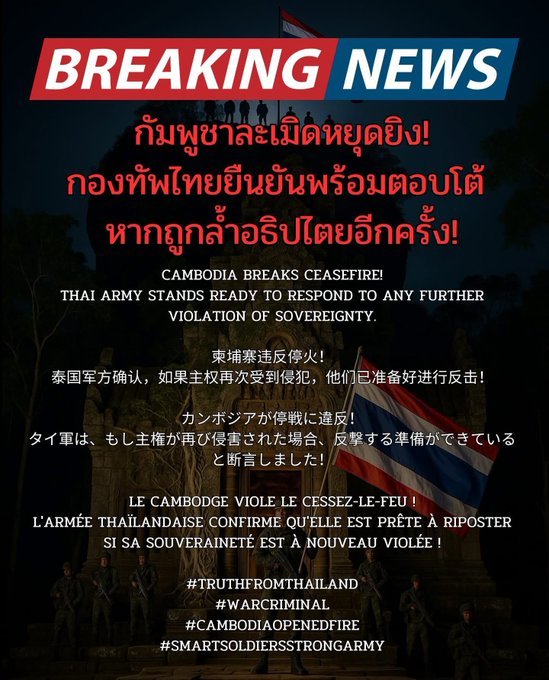 YaYamamaYJ's tweet image. 5 ภาษาบอกชาวโลกไปเลยว่า #กัมพูชา เป็นฝ่ายระเมิดหยุดยิงก่อน
 
#ชายแดนไทยกัมพูชา
#TruthFromThailand 
#CambodiaOpenedFire