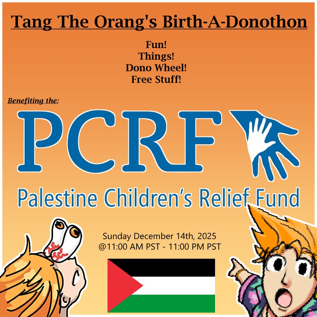 TangOrangutan's tweet image. HEY HEY DID YOU KNOW THE FIRST DAY OF MY SUBATHON WILL BE A DONOTHON FOR THE PCRF?

THAT'S RIGHT. THAT ONE. FOR THE KIDS!

SUNDAY, DECEMBER 14TH, 2025

11AM TO 11PM PST. 

DONO GOALS, DONO WHEEL! FREE STUFF! REDUCED CHANNEL POINT REDEEMS. A SUPER MEGA SECRET REVEAL.

SEE YA THEN!