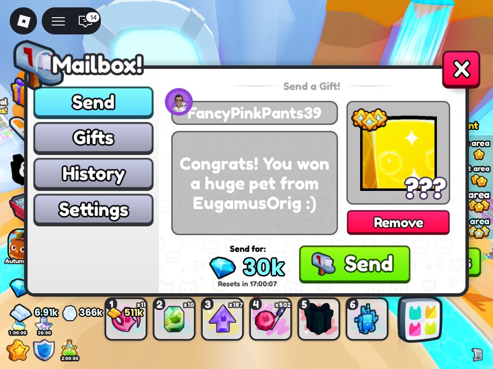 The winner is <a href="/MissSparkles42/">MissSparkles ✨</a> ! Congrats! Enjoy your huge pets. :)

Thank you everyone for joining our giveaway :) Please stay tuned on our next giveaway.

#petsimulator99 <a href="/EugamusOrig2/">EugamusOrig™</a>