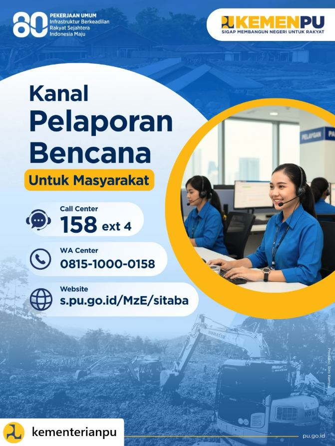 pu_binakons's tweet photo. Kementerian PU membuka Kanal Pelaporan Bencana untuk Masyarakat. Sebagai bentuk kesiapsiagaan dan layanan cepat tanggap, masyarakat kini dapat melaporkan berbagai kejadian bencana melalui tiga kanal resmi: Call Center, WA Center, dan Website.
#PU608
#SetahunBerdampak https://t.co/LnWnRdtxpF