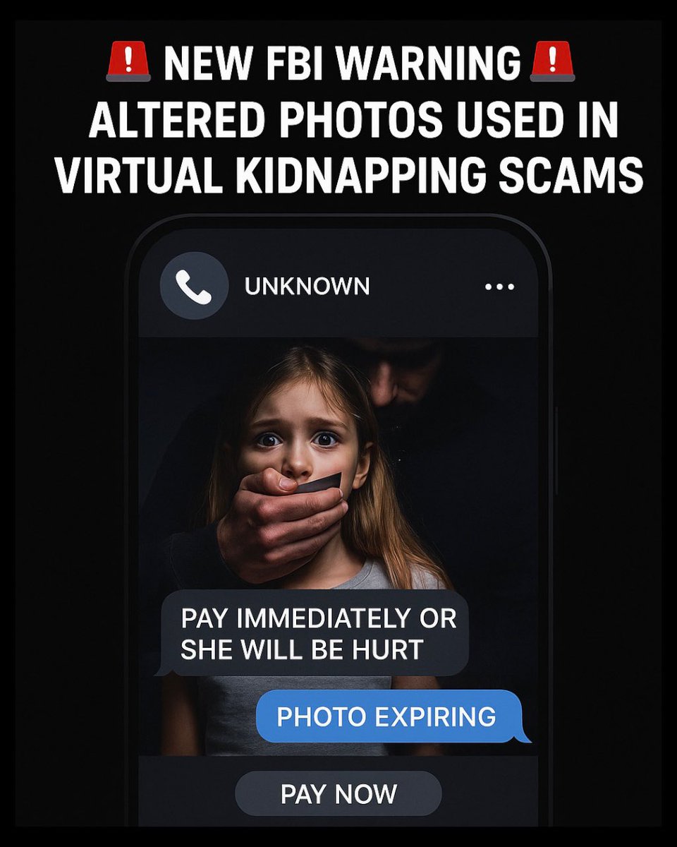 Another reason to keep your children’s images off social media…

NEW FBI WARNING — Issued Dec 5, 2025

Criminals are using altered photos pulled from social media to fabricate “proof-of-life” in virtual kidnapping scams.

The FBI reports that scammers are:
• Scraping photos
