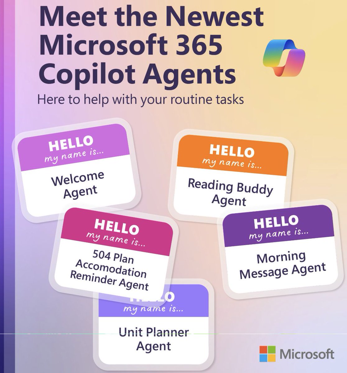 Copilot as your assistant! 🎓🎒

🛠️ Teacher Toolkit, now with AI
📅 Curriculum planner
🎉 Bulletin board cheerleader
📚 Reading buddy

Craft your own Copilot agent or grab one ready to roll: msft.it/6018SfhBC
#Copilot