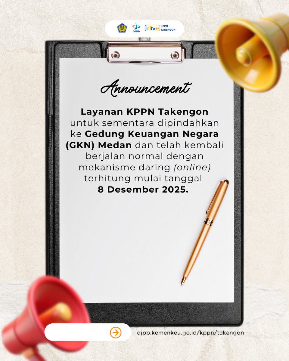 kppntakengon's tweet photo. ✨ Layanan KPPN Takengon ✨

KPPN Takengon terus memastikan layanan tetap berjalan. 

Mulai 8 Desember 2025, seluruh layanan sementara dipindahkan ke Gedung Keuangan Negara (GKN) Medan dan beroperasi secara daring (online) agar pelayanan kepada masyarakat tidak terhenti. https://t.co/UexJRaoJ0r