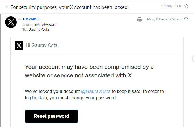 GauravOsta's tweet photo. @X @XCorpIndia Someone tried to take control of my account multiple times, though i have followed the instruction/Email and changed the password.
Request you to kindly help in this regard. https://t.co/EkwOAMeseJ
