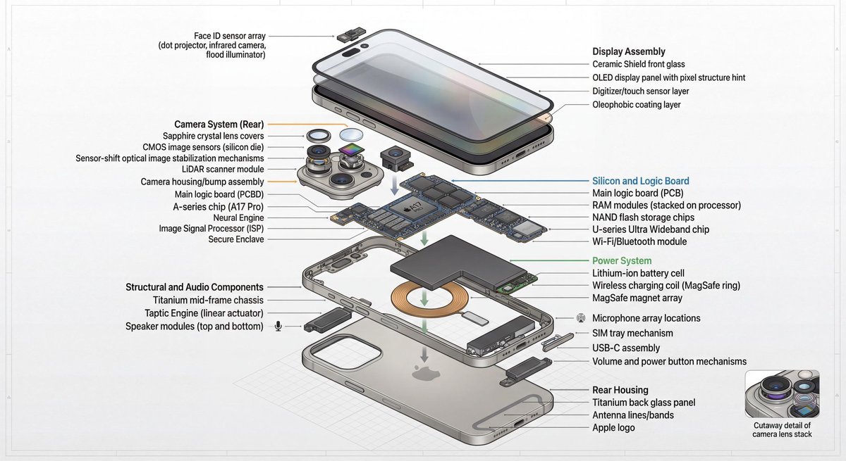 iphonegalaxymd's tweet image. 🤯 Dive into the anatomy of a modern smartphone! This exploded view reveals the A17 Pro chip, Ceramic Shield, LiDAR Scanner, and MagSafe. It's a tiny powerhouse! #Tech #iPhoneAnatomy #ExplodedView 🔬
