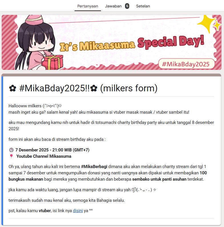 kayaknya twit aku kena shadow ban(?)
Aku udah share form ucapan ulang tahun dari tgl 1 tp sampe skrng yg isi baru 6🥺

Bantu isi form ucapan dong gaes🙏🏻
effort dikit gapapa ya,
ucapan yang kalian kirimkan akan aku print dan aku pajang di dinding studio ku
bit.ly/mikaasumabday