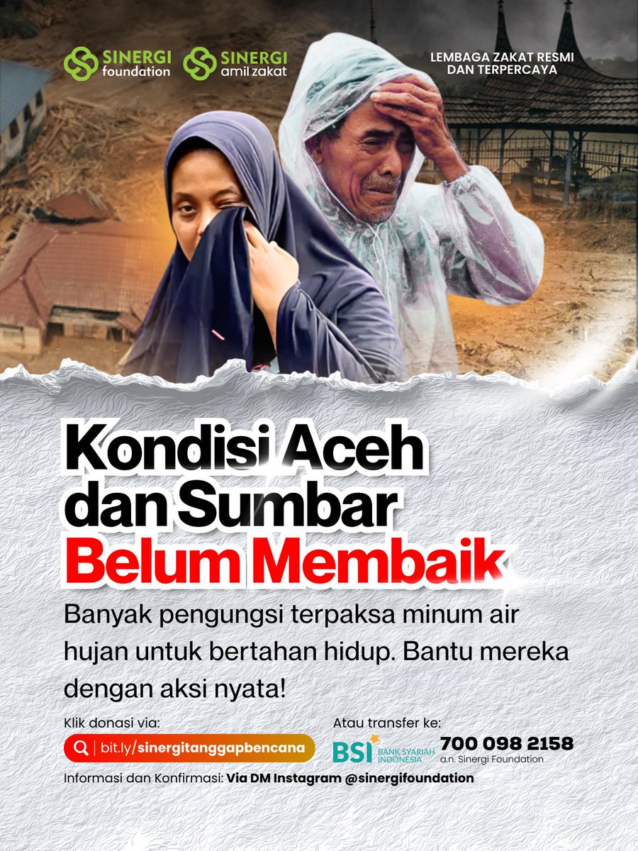 Keadaan di Aceh dan Sumatera Barat masih belum membaik!

Jejak-jejak pasca bencana banjir dan tanah longsor yang menerjang Sumatera masih begitu jelas terlihat.

Bantu mereka dengan aksi nyata melalui bit.ly/sinergitanggap…

💳 BSI 700 098 2158 a.n. Sinergi Foundation
