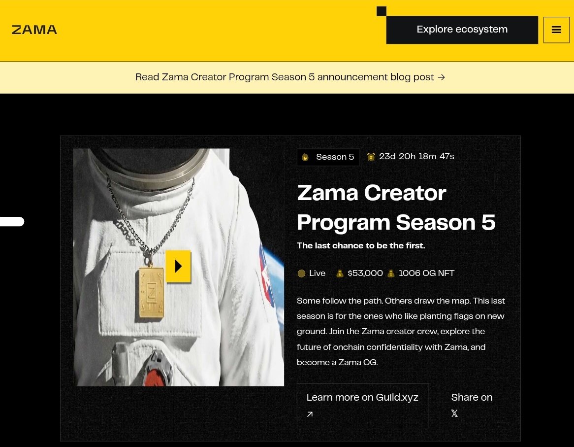 CryptoRoni_'s tweet image. 🚨 Zama Creator Program – Season 5 is Now LIVE 

Rewards :

▫️$50,000 rewards for the top 100 creators
▫️1,006 Zama OG NFTs for the top 1,006 creators

How to join :

You are already known it tweet about $ZAMA and post that's it'.

You can check your position on…