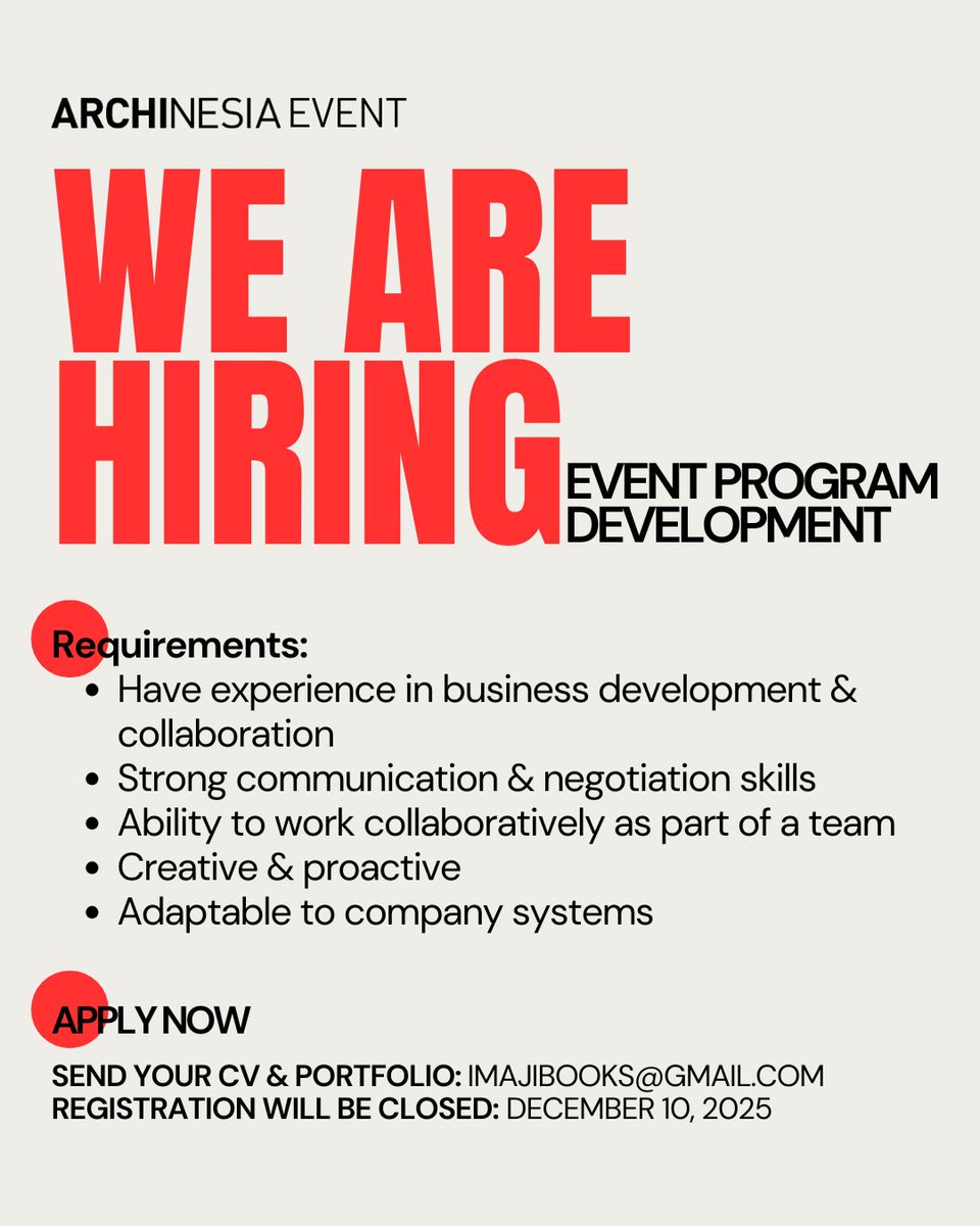 Exciting opportunity to join our passionate team! 🚀

If you're driven, innovative, and love what you do, we want to hear from you! Send your profile to us and let's grow together!

#archinesia #archinesiaevent #Hiring #JobSearch #CareerOpportunity