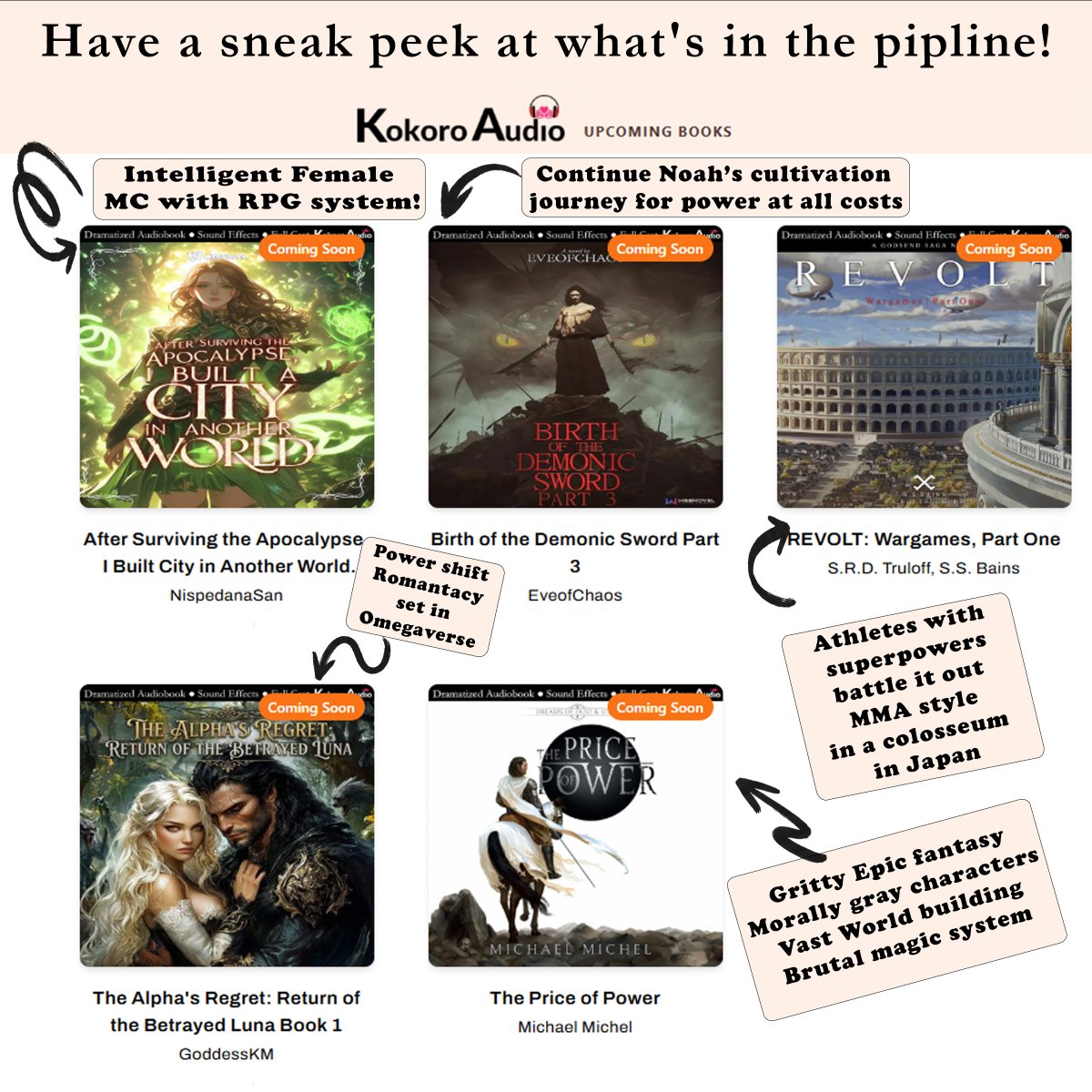 KokoroAudio's tweet photo. Check out what we got lined up! Find out more @ https://t.co/VvrM6CX36Q for full cast, dramatized audiobooks!

@NispedanaSan @EoCNovels  @GodsendSaga @MichaelBookCult @webnovel 

#audiobooks #audiobookrecommendations #webnovel #fullcast #dramatized #LITrpg #IndieAuthors #romantasy #omegaverse #grimdark #books