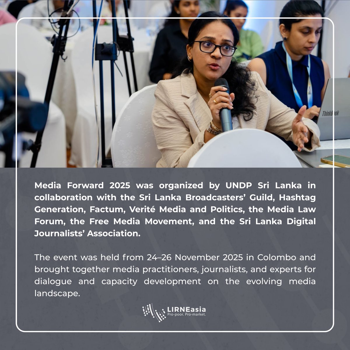 LIRNEasia's tweet photo. LIRNEasia Research Fellow @Ashwini_Techlaw participated as a panelist at #MediaForward2025, held from 24–26 November 2025 in Colombo. She joined the session titled “Strengthening Coordination and Shared Accountability in Digital Spaces,” where she discussed the #OnlineSafetyAct (#OSA), #PlatformAccountability, and the impact of online harms on women and children.

The event was organised by @UNDPSriLanka in collaboration with the Sri Lanka Broadcasters’ Guild, @generation_sl, @factumlk, @VeriteResearch, @medialawforumlk, @FMMsrilanka, and @djasrilanka.

Read the full blog here: https://t.co/KwXs4jc9bB