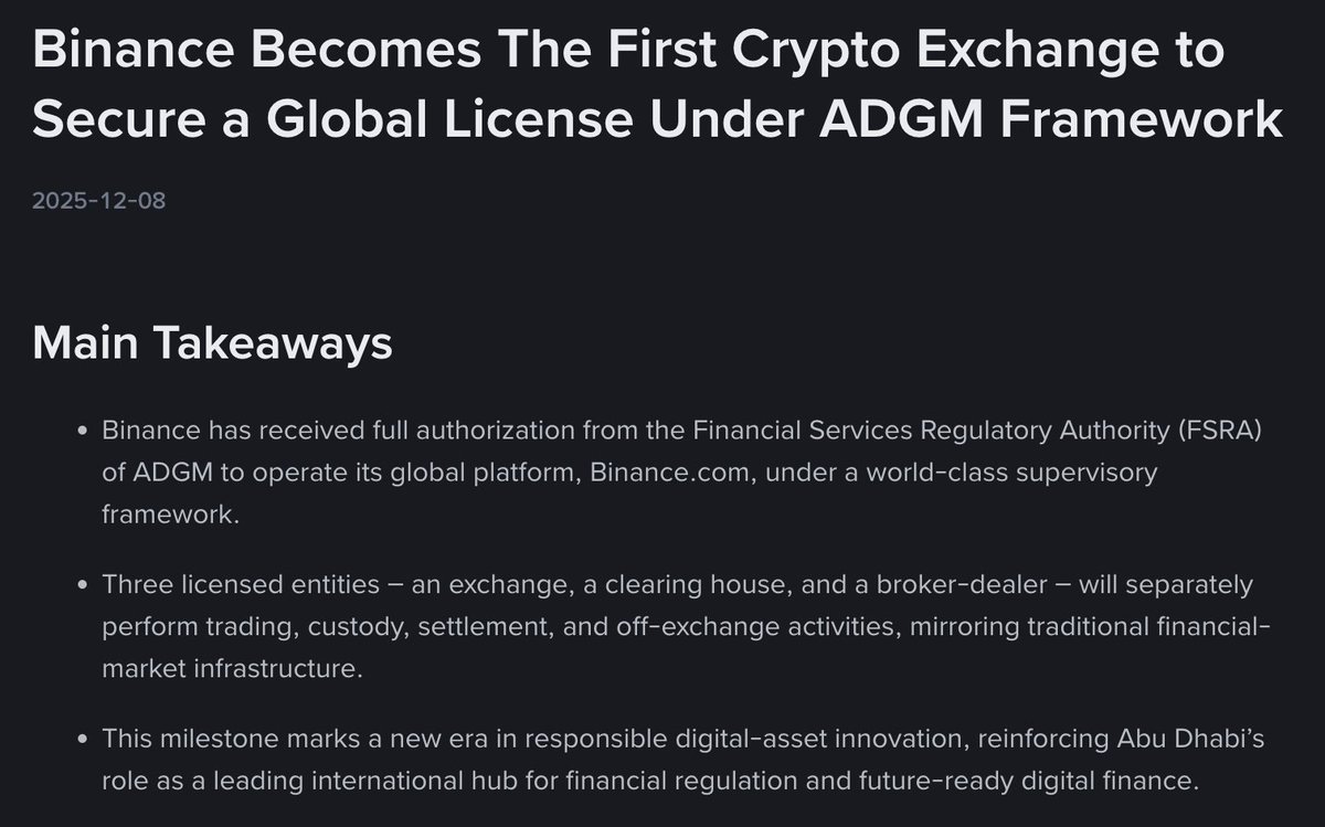 NEW: BINANCE ANNOUNCES IT HAS SECURED A GLOBAL LICENSE UNDER ADGM FRAMEWORK

SOURCE: binance.com/en/blog/regula…
