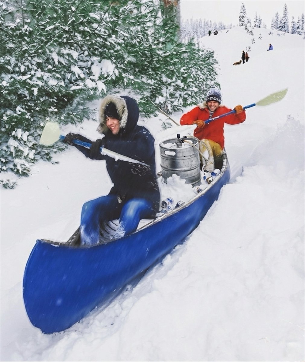 Canoeing a keg of beer from the ski lodge bar down to our cabin