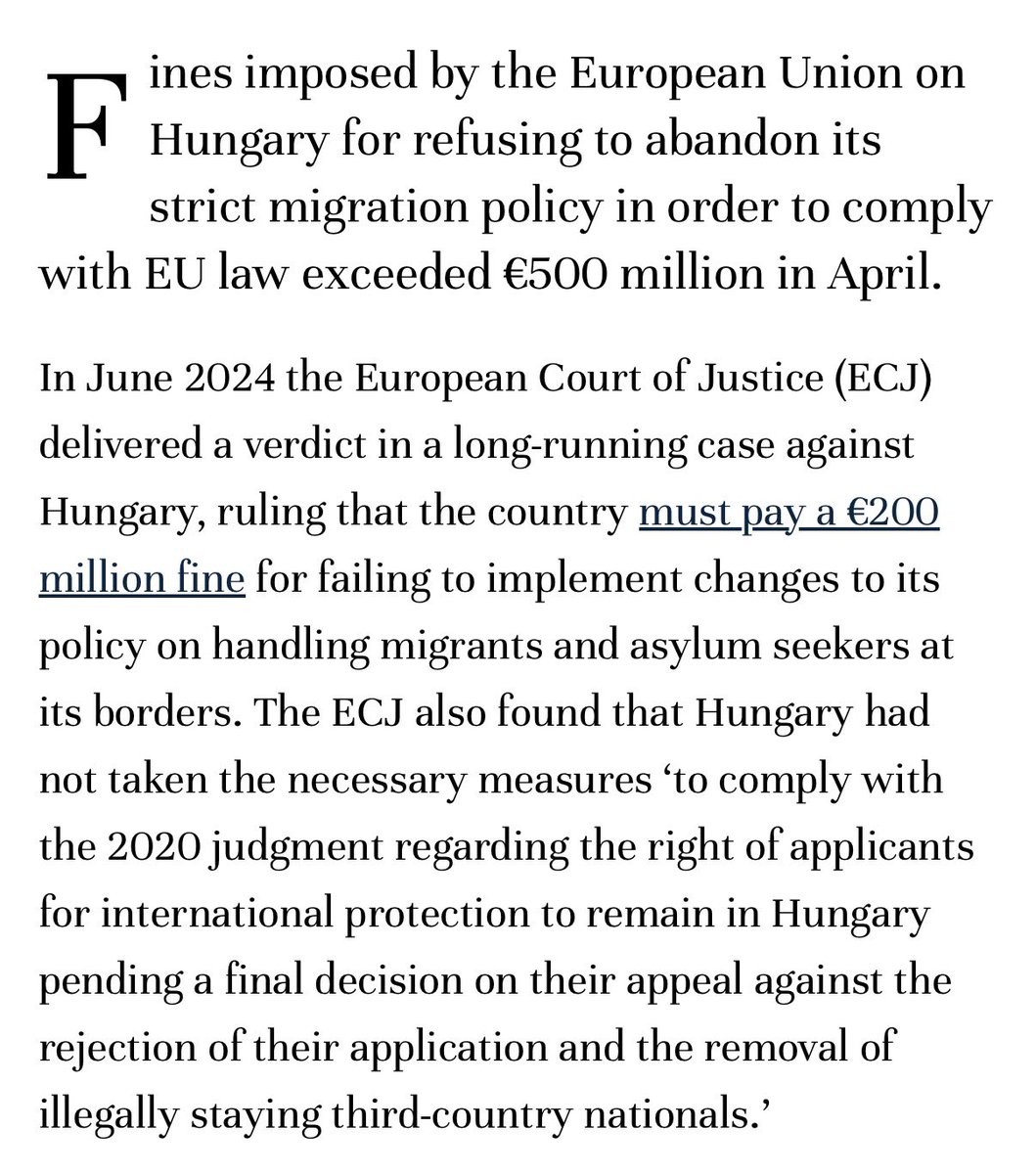 🚨欧盟目前仍然每天对匈牙利处以100万欧元的罚款，因为匈牙利接收的穆斯林/非洲移民数量不足🔥  欧洲国家应该回归欧洲自由贸易区，而不是如今这种违背民主的官僚体制。
