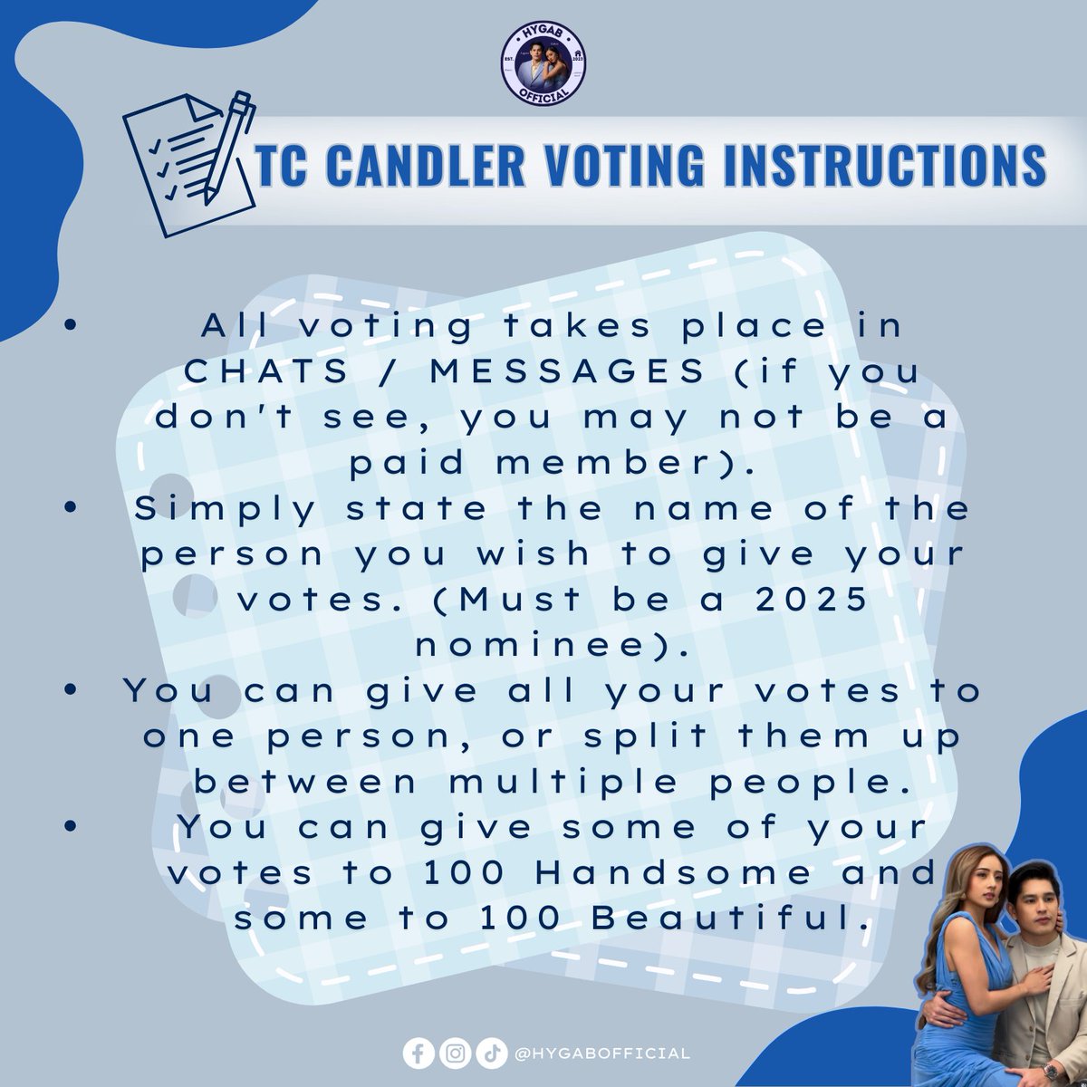 HyGabOFC's tweet image. ᯓᡣ𐭩 HYGAB FOR TC CANDLER’s TOP 100 MOST HANDSOME AND BEAUTIFUL FACES OF 2025 💙

HOMIES, this is our moment! Let’s work together and show our full support. Vote Hyacinth &amp;amp; Gab for @tccandler’s Top 100 Most Handsome and Beautiful Faces of 2025!