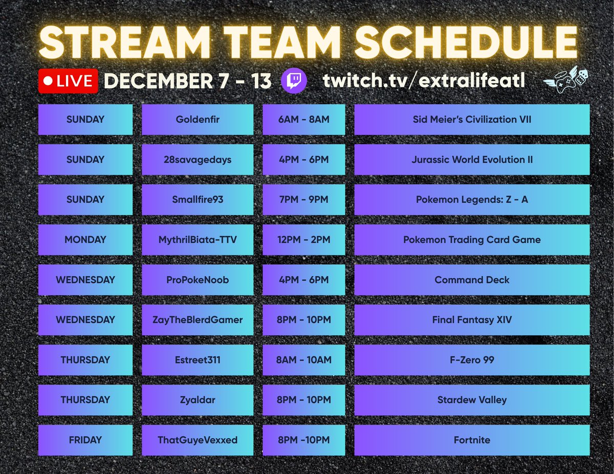 ExtraLifeAtl's tweet image. We’re live on Twitch throughout the week! 🎮
Follow us, catch the streams, and support creators raising funds for @childrensatl 
Here’s your schedule so you don’t miss a thing 
#ExtraLife #ExtraLifeAtl #CHOA #CMN #streamingforgood #atlanta #fundraising #livestream #stream #Twitch