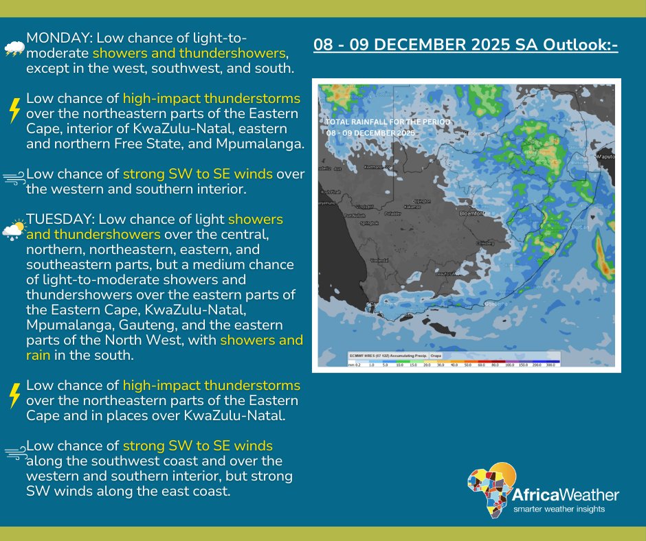 08-09 December 2025 weather outlook:-
Monday and Tuesday forecast. 

08/12/2025 Android: goo.gl/Ftg97E | iOS goo.gl/qicR82 #africaweatherapp #AfricaWeather africaweather.com