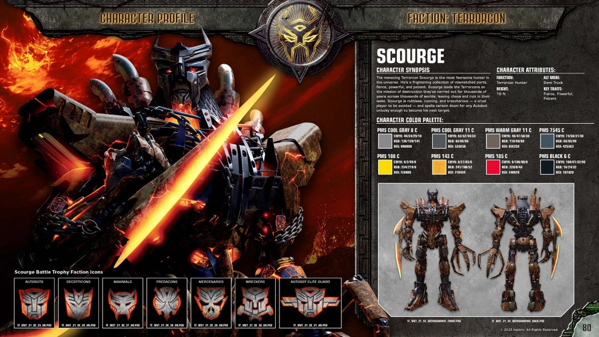Scourge's page from the Rise of the Beasts style guide! This offers a nice look at the insignia he's collected and a character synopsis with details like the fact that the Terrorcons have been active for thousands of years and destroyed thousands of worlds.