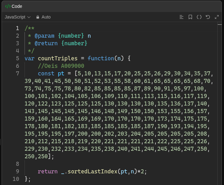 DevGod9's tweet photo. #LeetCode 1925, Lol just using #Oeis sequences again... Counting valid Pythagorean triples with binary searching using A009000 like a goober #JS #Math https://t.co/x0x3Q6cds8