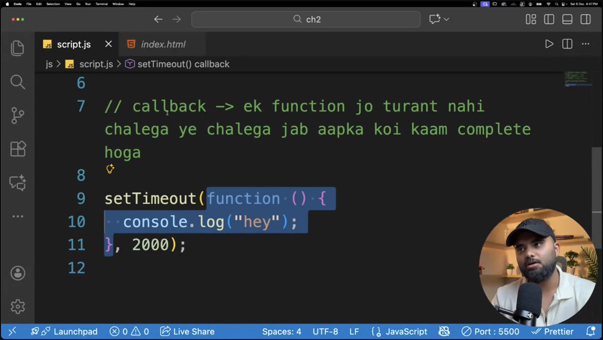 _Sourav_Sanjay_'s tweet image. Day 59 of Cohort 2.0💡

Wrapped up an amazing session by @harshbhaiyaa today!

🎯 Async nature of JS
🎯 Callback functions
🎯 Problems of Callback Functions (Callback Hell!)

Clear explanations + solid examples.

@sheryians_  #100DaysOfCode #JavascriptDevelopers #cohort2