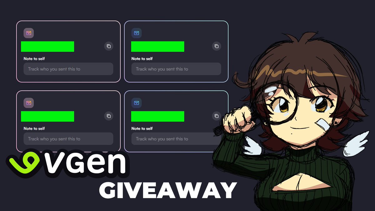 ⭐️⭐️⭐️VGEN CODE GIVEAWAY! ⭐️⭐️⭐️

Elegiré a 4 artistas para darles un código Vgen! Para participar debes seguir estos requisitos:

· Seguirme
· Like y RT al post
· Comentar con 4 dibujos tuyos (No IA)
· DM activados

Finaliza el 29 de diciembre

#VgenCode