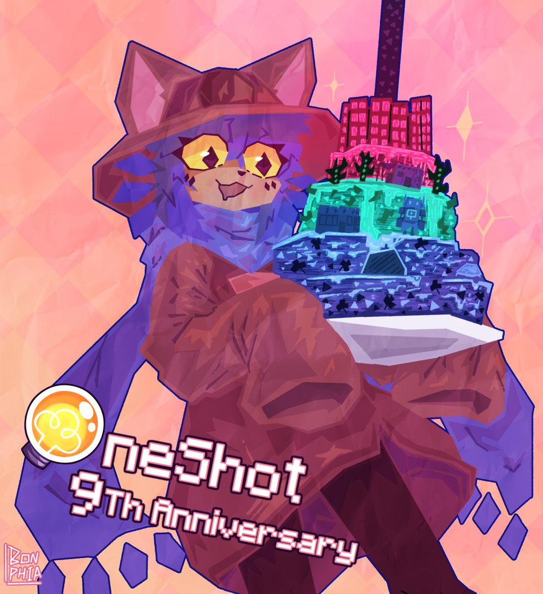 Bonphia's tweet image. HAPPY 9TH ANNIVERSARY, ONESHOT!!!! 🎂

(During the process I was hungry, how do I eat my own cake from drawing help 🥲)

#OneshotGame