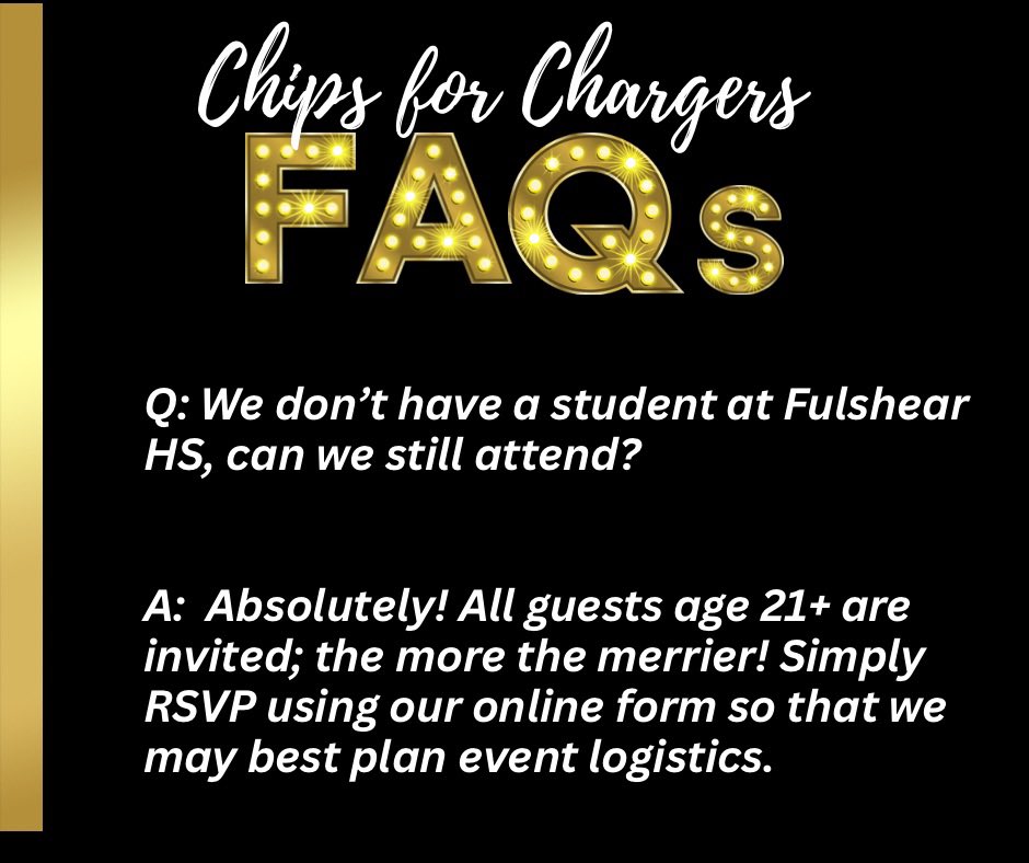 We’ve been asked and in the event that you’re asked… 😊

RSVP at: 
docs.google.com/forms/d/1e2yRP…

<a href="/fulshear_fball/">Fulshear Football</a> <a href="/fulshearcheer/">The Spirit of Fulshear High School</a> <a href="/Fulshear_XC/">Fulshear Cross Country</a> <a href="/FulshearGBB/">🏀Fulshear Lady Chargers</a> <a href="/FulshearHoops/">Fulshear Basketball</a> <a href="/GirlsSoccerCFHS/">CFHS_Girls_Soccer</a> <a href="/FulshearBSoccer/">Fulshear HS Boys Soccer</a> <a href="/fulshear_sball/">Fulshear Softball</a> <a href="/Fulshear_Bsball/">Charger Baseball</a> <a href="/FulshearTrack/">Fulshear Track & Field</a> <a href="/Fulshear_HS/">Fulshear High School</a> <a href="/DLJHChargerATH/">DLJH Boys Athletics</a>