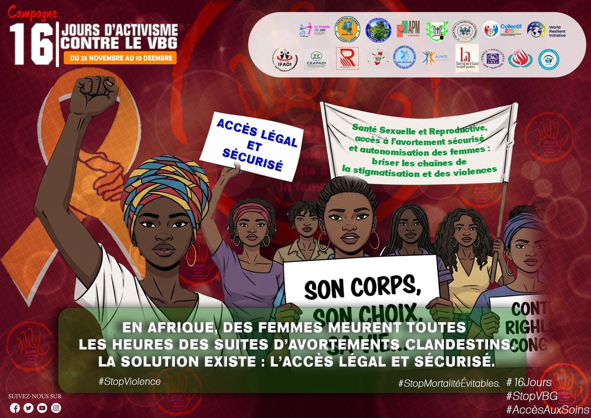 En Afrique, des Femmes meurent  toutes les heures des suites d'avortements #clandestins.  La solution existe: l’accès légal et sécurisé !

#16JoursActivisme #MonCorpsMonDroit, #AvortementSecurisé, #RDC #AccèsLégalEtSécurisé