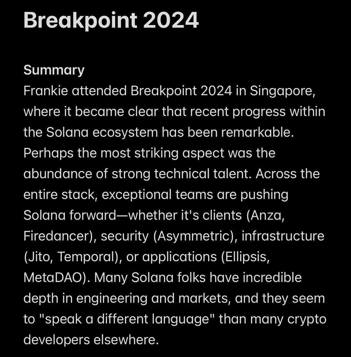 Frankie 在 Breakpoint 2024 上关于 Solana 生态进展的备忘录